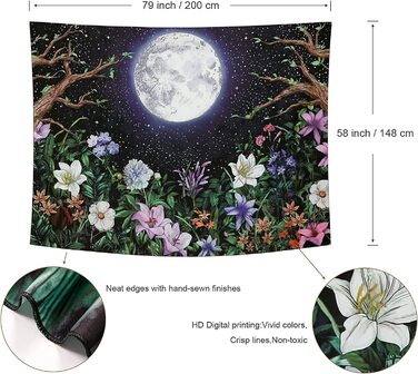 Естетичний місячний гобелен Dremisland, настінний Садовий нічний пейзаж з барвистими рослинами, квітами, гобелен з квітковою лозою, настінний рушник, декор для вітальні, спальні (L/148X200 см, місяць)