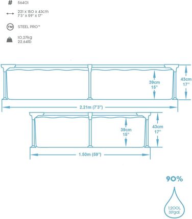 Каркасний басейн Bestway Steel Pro без насоса, квадратний, 221 x 150 x 43 см 221 x 150 x 43 см одномісний