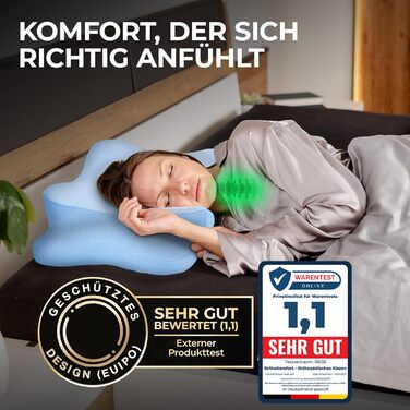 Подушка для шиї з меморі-піною, ергономічна, Oeko-Tex®, регулює температуру, блакитна, для всіх типів сну