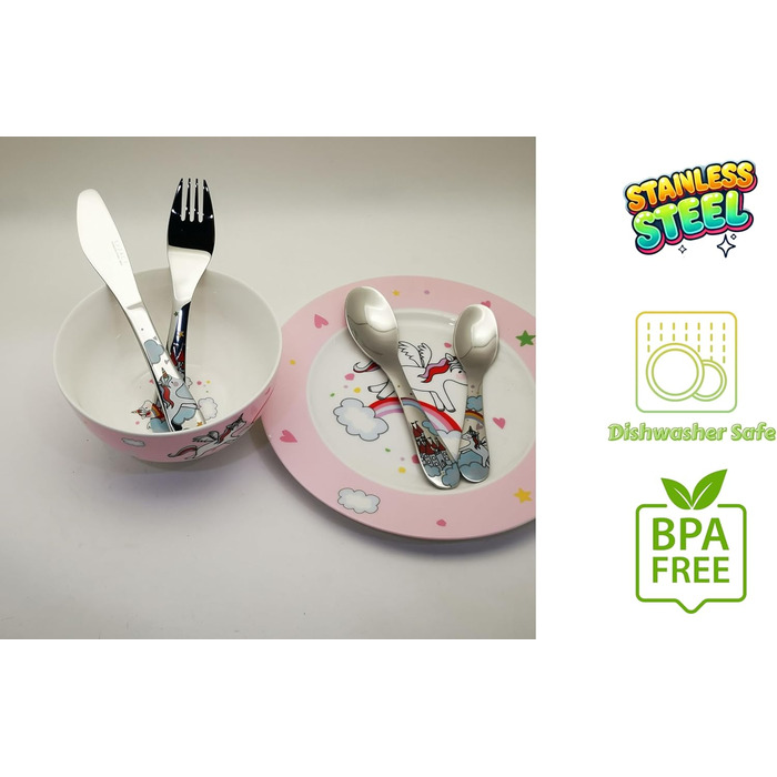 Набір столових приборів Exzact 6 шт. з нержавіючої сталі - дитячий посуд: тарілка, миска, ложка, виделка, ніж, столова ложка. Подарункова коробка (Wf712-4uni)