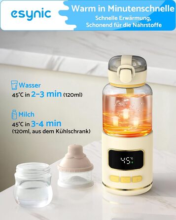 eSynic Підігрівач для пляшечок 450мл з акумулятором 15000mAh, портативний, швидкий нагрів (2-3 хв), для дитячого харчування та води, USB-C, BPA-free, з боросилікатного скла, для подорожей та нічного годування