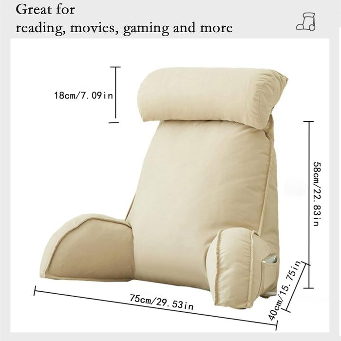 Підголовник для ліжка з підлокітниками, великий крісло-мішок для читання, 75x40x58 см