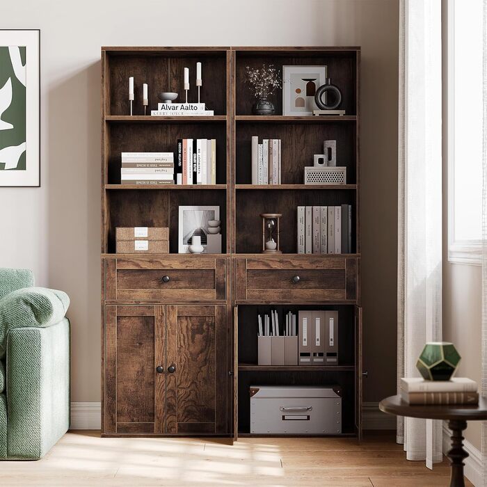 Стелаж Coleshome з дверцятами та шухлядами: 5 полиць, 48x24x164.2 см, для дому, офісу, вітальні, спальні (білий, рустикальний коричневий)