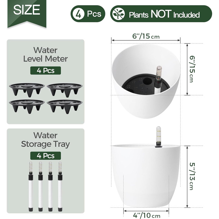 Набір горщиків для квітів T4U 15 см з автополивом та індикатором рівня води (4 шт.) - білий