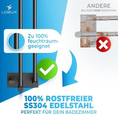Тримач для рушників без свердління, чорний, 80 см, нержавіюча сталь, подвійний, самоклеючий, з 2 гачками, для ванної кімнати, душової кабіни, кухні