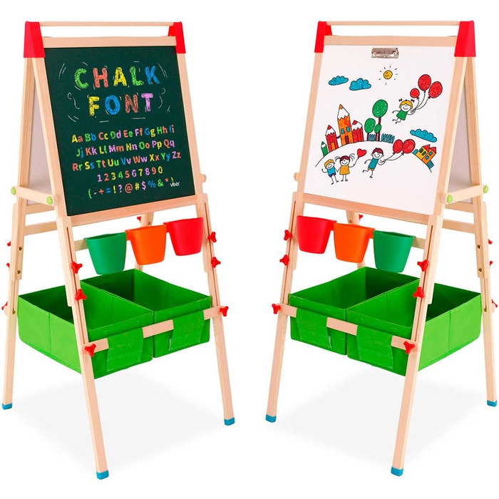 Дерев'яний мольберт Kinder для дітей з паперовою рулонкою, двостороннє Whiteboard та дошка. Регульована висота. З аксесуарами для малювання та навчання. Ідеальний подарунок для малюків.