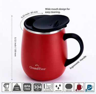 Термокружка Grandties з кришкою-ковзанням та ручкою, 480 мл. Зручна термокружка To Go з подвійних стінок з нержавіючої сталі. Утримує гарячі та холодні напої. Колір: журавлина