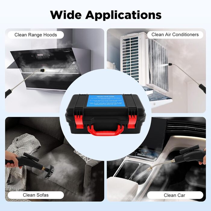 Пароочисник ручний 3000 Вт, 3-3,5 бар, 6-рівнева регулювання, вологостійкий IPX4, з набором інструментів, для дому та автомобіля