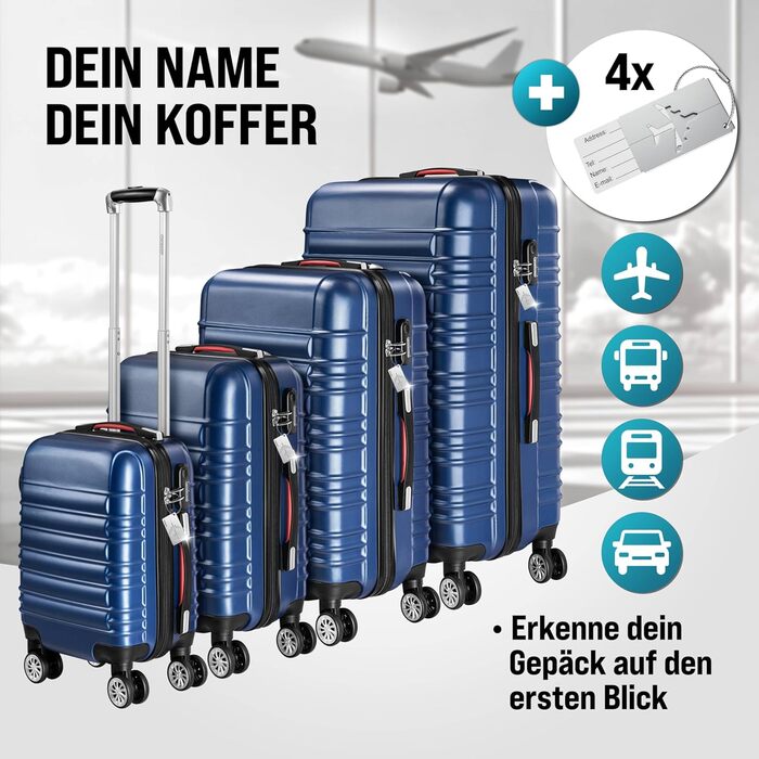 Набір валіз Monzana® 4шт: валіза, органайзер, ваги, ремінь, ручки, колеса, ніжки, блакитний колір. Розміри S, M, L, XL