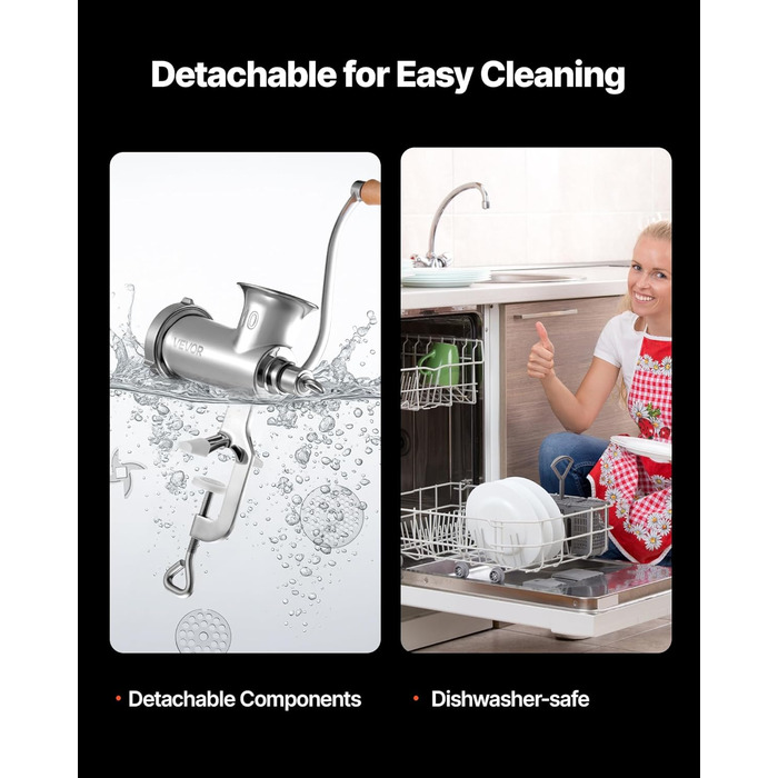 М'ясорубка ручна VEVOR з нержавіючої сталі 304, насадки 4.5/8 мм, для фаршу та ковбас, срібляста (#10)