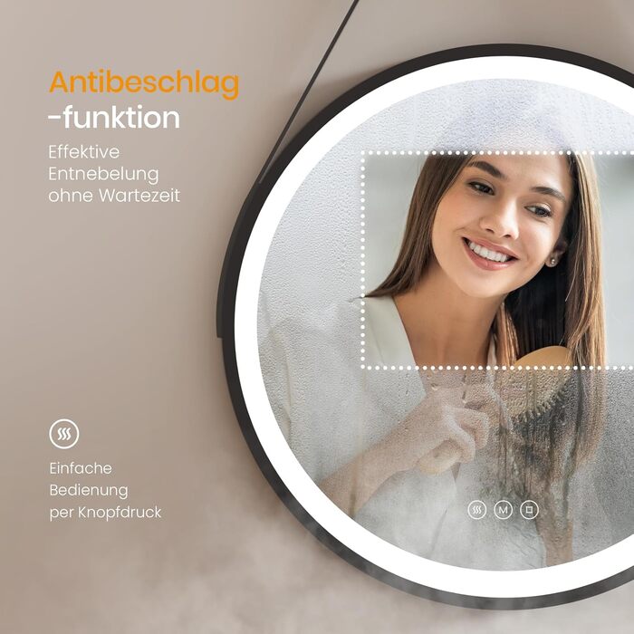 Круглий дзеркало для ванної кімнати EMKE з підсвічуванням 50см, регулювання кольору світла, антизапарник, пам'ять, сенсорне управління, таймер 3 години, енергозберігаючий