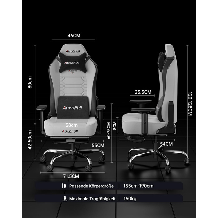 Ігровий крісло AutoFull C3 з ергономічною підтримкою спини | З регульованими підлокітниками, підставкою для ніг, подушками для голови та попереку | Макс. вага 150 кг | Сірий з тканинного покриття