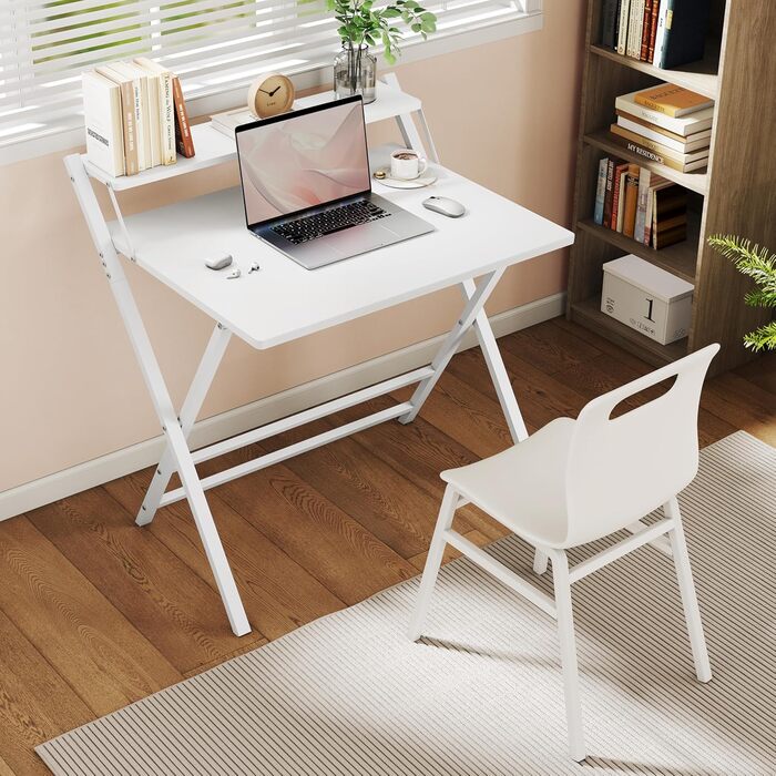 Складний стіл Yaheetech 80 см для комп'ютера з полицею, двоступінчастий робочий стіл з підставкою для монітора, стіл для ноутбука для дому/невеликих кімнат/вітальні, білий, 80 см x 50 см, 86.5x60.5x90 см