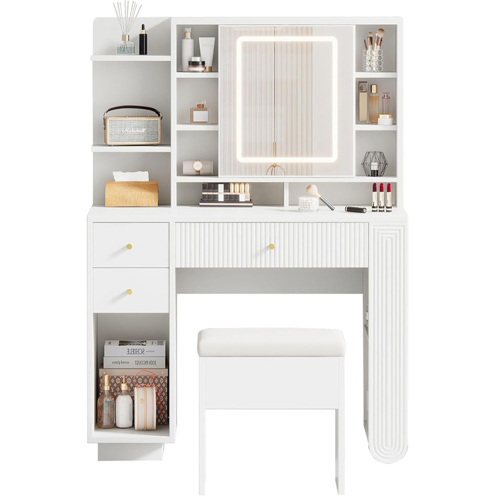 Туалетний столик Merax з дзеркалом та LED-підсвічуванням, з поличкою, 6 шухляд та золотими ручками, білий, 102x100x41.5 см (без табуретки)