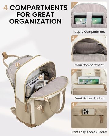 LOVEVOOK Рюкзак для жінок, 15.6 дюймів, рюкзак для ноутбука, рюкзак для подорожей, водонепроникний, сумка для роботи, рюкзак, жіноча шкільна сумка, для підлітків, дівчаток, елегантний, для школи, університету, подорожей, роботи, офісу, Бежевий, 15.6 дюймі