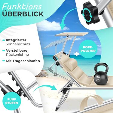 Кесер® Розкішна сонцезахисна лежанка Sun з дахом для саду, розкладний лежак, регульована спинка, ергономічний м'який матеріал, алюмінієвий каркас, портативна, для відпочинку, бежевий колір