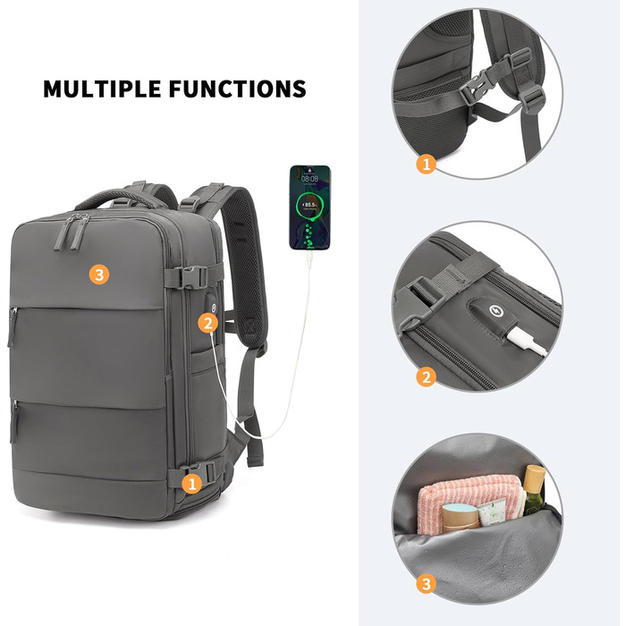 Рюкзак KONO для ручної поклажі 42x30x20, 25L, з відділом для ноутбука, сірий, для подорожей та спорту