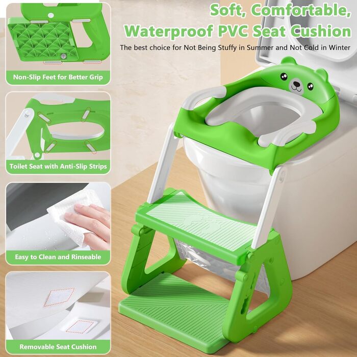 Дитяче сидіння на унітаз зі сходинками 2-в-1: з м'яким сидінням, регульована висота, складаний тренажер для привчання до туалету, нековзне покриття