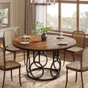 Круглий обідній стіл Tribesigns Runder, 119 см, дерев'яний кухонний стіл з металевим каркасом на 4-6 осіб, великий круглий стіл для вітальні, кухні, їдальні (колір: коричневий & чорний), лише стіл