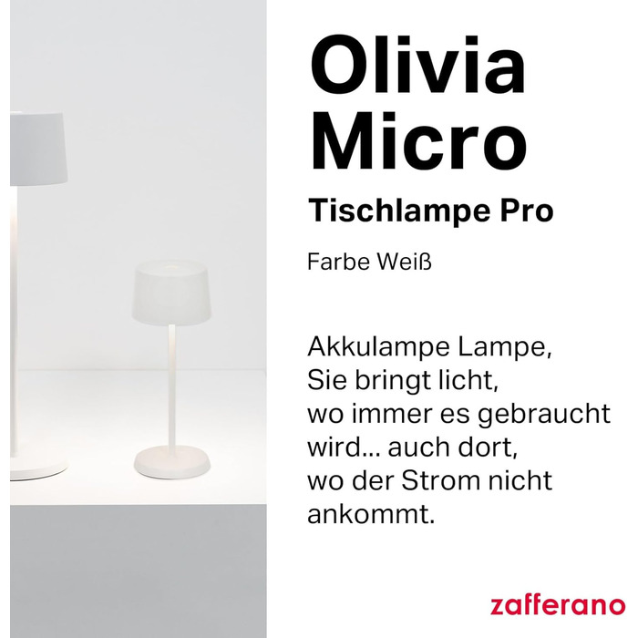 Zafferano Olivia Micro - Бездротова LED-лампа, 2200-3000K, регулювання яскравості, для дому та вулиці, 20 см, білий колір