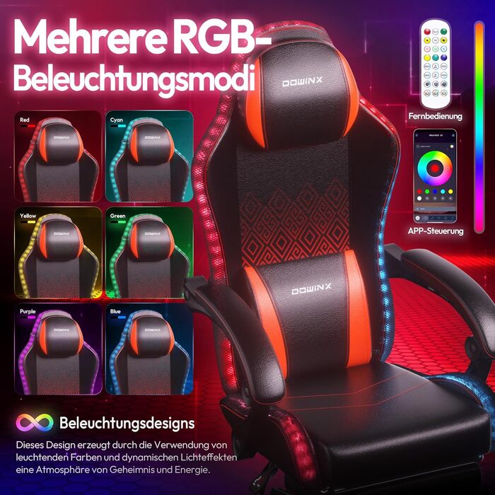 Ігровий крісло Dowinx з RGB підсвічуванням, LED, з підніжкою, для дорослих, ергономічний, з масажем попереку, PU шкіра, білий (червоний)