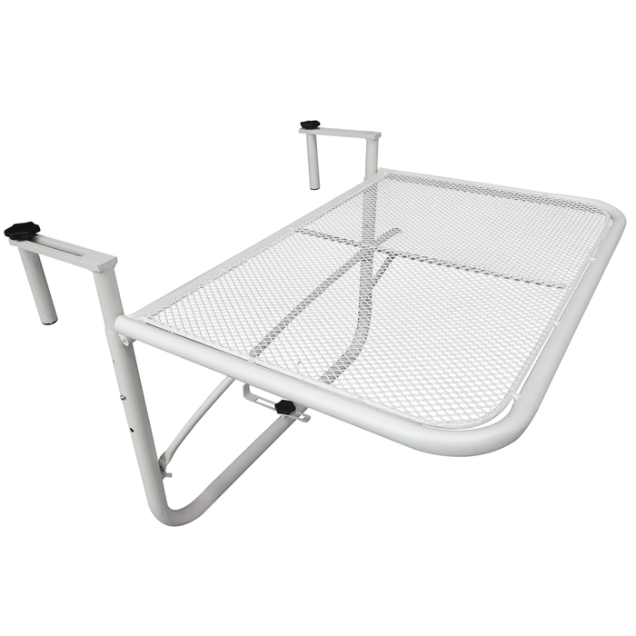 Зручний навісний столик для балкона – 3-рівневе регулювання висоти, металевий, стійкий до погодних умов. Ідеальний балконний столик, приставний столик для балконних та терасійних поручнів. Розміри: 60 x 56 см, колір – білий.