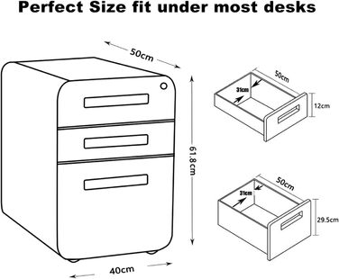 Роликовий контейнер DeHong з металу, мобільний офісний шафчик з 3 висувними ящиками, офісний контейнер, з можливістю замка та регульованих папок, збірно-розбірний, для офісу, дому, чорний