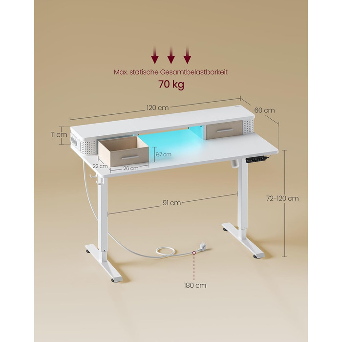 Електричний регульований стіл VASAGLE 120x60 см, білий, з підставкою для монітора, USB-роз'ємами, пам'яттю висоти