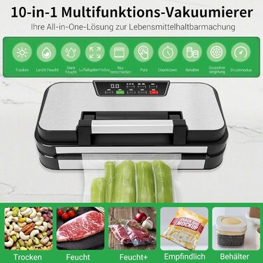 Вакууматор 10-в-1 для продуктів 95 кПа, вакуумний пакувальник з подвійною термозаваркою, вбудованим ножем та відсіком для пакетів, сталевий корпус, комплект з 2 рулонами