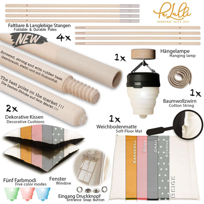 Дитяче намет-типі Tipi PaLulli® з бавовни, килимком, лампою та декоративними подушками (Рожевий)