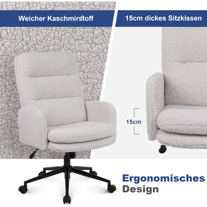 Крісло для дому та офісу Youhauchair з кашеміру, ергономічне, з високою спинкою, регульована висота, кремовий колір