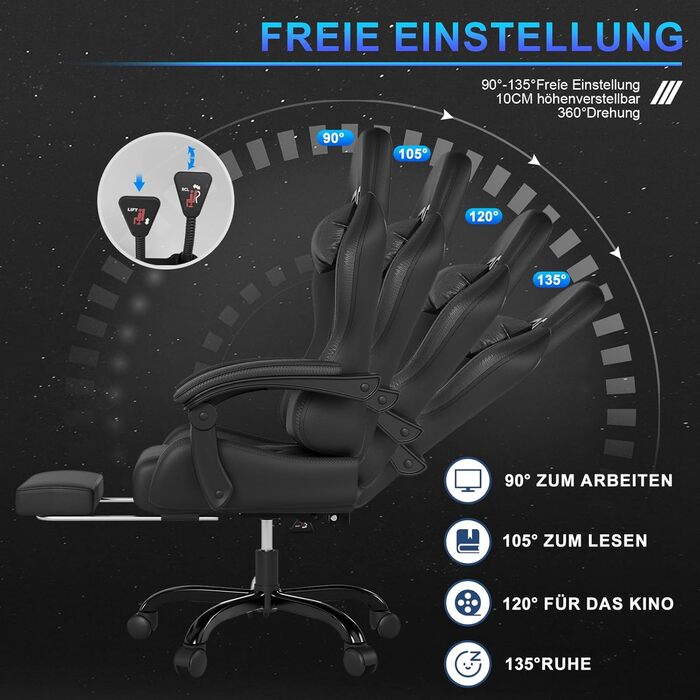 Ігровий крісло JUMMICO з масажем, ергономічний офісний крісло з підголовником для попереку, регульована спинка 90-135°, підставка для ніг, чорний, до 150 кг