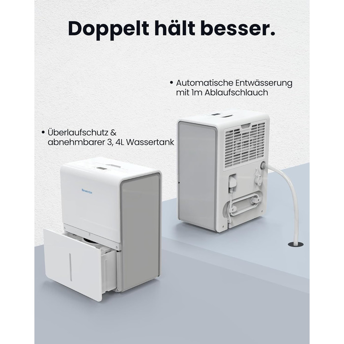 Електричний осушувач повітря Newentor 12L для підвалу, 35dB, з гофрованим шлангом 1м, для приміщень до 25м²/122м³, 10 років гарантії, фільтр, таймер, продуктивність 25л/день