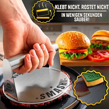 Набір для приготування бургерів SMASHI® з пресом та дзвоном – нержавіюча сталь 304, лопатка, 50 паперів для гриля, рецепти – оригінальний професійний набір