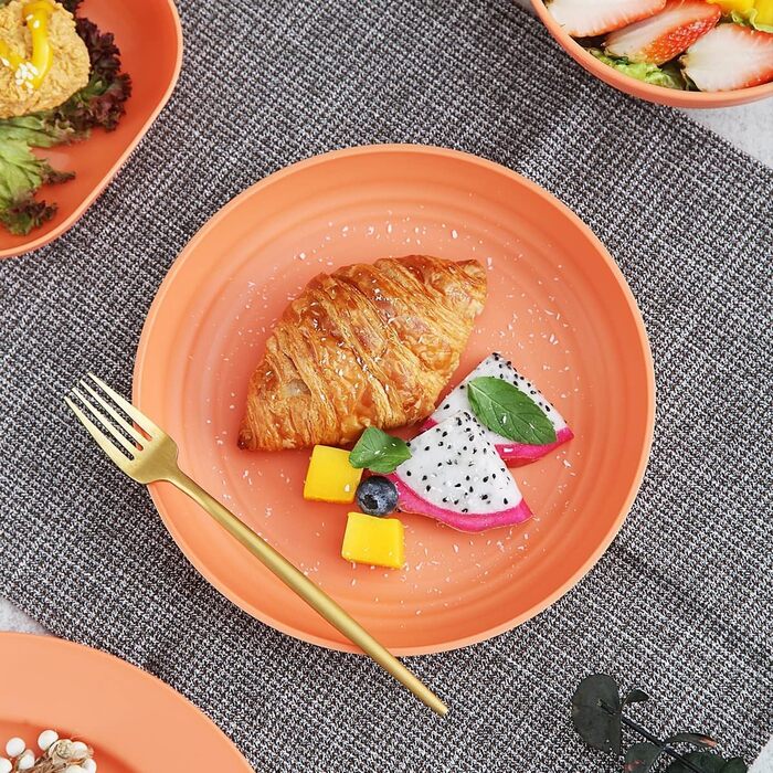 Набір посуду Kyraton з 20 предметів: тарілки, чашки, миски. Легкий, небрудний, для кемпінгу. Безпечний для миття в посудомийній машині. На 4 особи (4 помаранчевих)