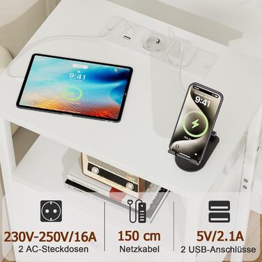 Нічний столик AMHANCIBLE з підзарядкою, приліжкові столики з висувними ящиками з тканини, журнальний столик з відкритою полицею, з 2 USB-портами та 2 розетками, для спальні та вітальні, HETS020GY-1 (Білий)