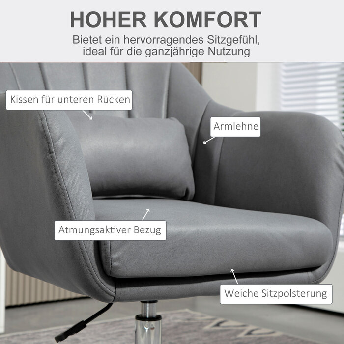 Крісло HOMCOM Крісло для відпочинку з підлокітником, поперекова подушка, м'яке крісло з металевим каркасом, мікротканина, регульоване по висоті поворотне крісло для спальні, вітальні, темно-сірий