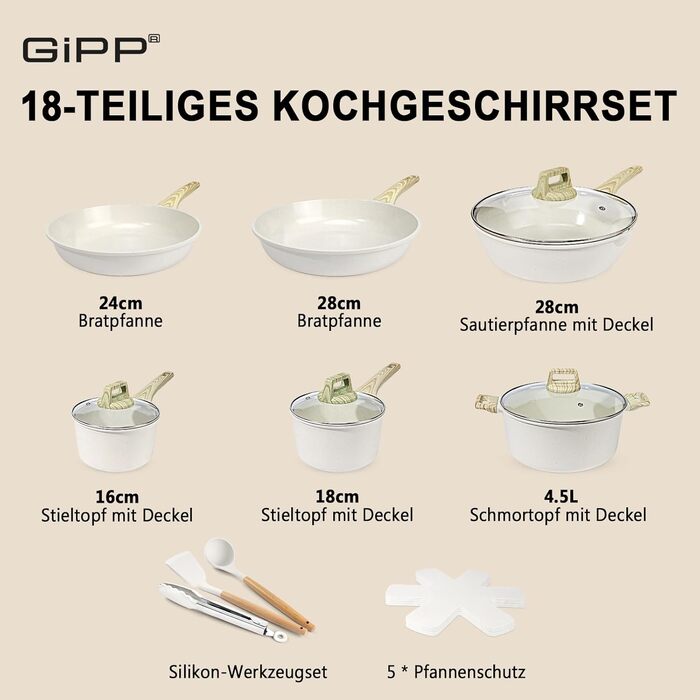 Набір посуду GiPP Keramik, антипригарне покриття, 18 предметів, кераміка, безпечний, для плити, миття в посудомийній машині