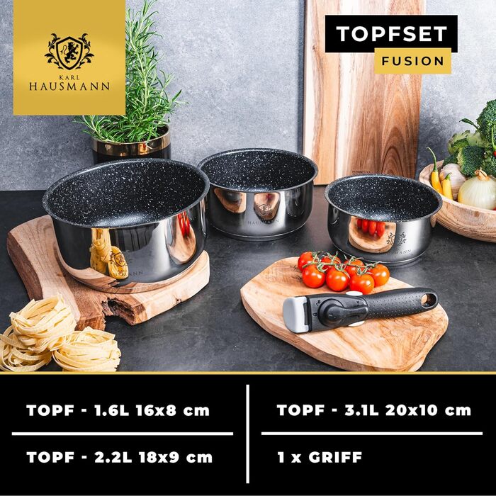 Набір каструль з знімними ручками (3 шт.) з нержавіючої сталі - сумісний з індукційними плитами. Набір каструль, сковорідок та посуду з гранітним покриттям