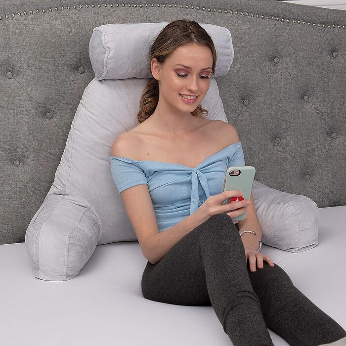 Подушка для чоловіків з підлокітниками - темно-сіра, для читання та відпочинку в ліжку | Premium Memory Foam | Знімна подушка для шиї