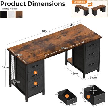 Комп'ютерний стіл Coleshome з 6 шухлядами, 160x52 см, білий, для дому та офісу