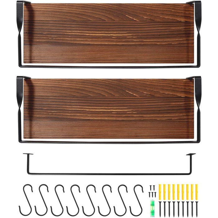 Набір навісних дерев'яних полиць Uten у рустикальному стилі з тримачем для рушників, 2 шт., світло-коричневий (ретро-кава) для ванної, кухні, вітальні та спальні