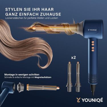 Мультифункціональний фен для волосся 5-в-1 з іонною технологією, набір насадок (локони, випрямлення, дифузор, концентратор), 1600W, LED-дисплей, 4 режими температури, магнітні насадки, Блакитний/Золотий