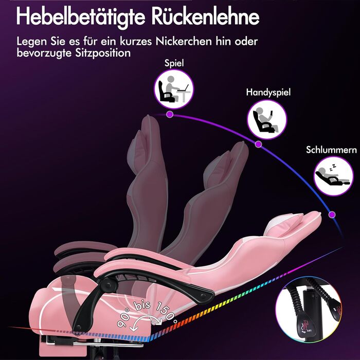 Ігровий крісло Alfordson з регульованою підніжкою, 8 точками масажу, нахилом 150°, PU-шкіра, чорний (Eryx - Рожевий, серія Eryx)
