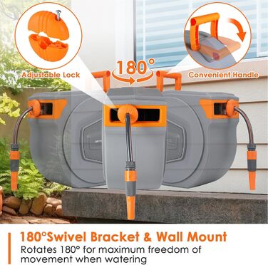 Шланговий барабан з шлангом для саду, настінний, поворотний на 180°, автоматичне змотування, шланговий бокс з ручною лійкою (9 функцій), для поливу, миття авто (сіро-помаранчевий, 20м)