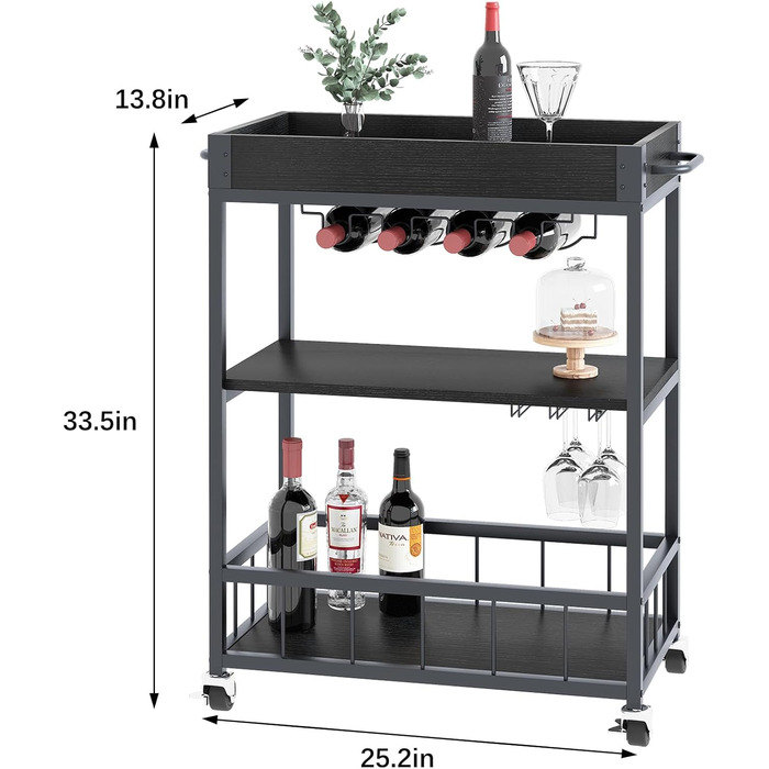 Сервізний візок Huhote з полицею для вина, барний візок, візок для напоїв, візок на колесах, візок для вина в їдальню, кухню, вітальню, бар, на вечірку, з імітацією текстури дерева (чорний, безіржавний кошик)