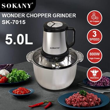 М'ясорубка-подрібнювач SOKANY SK-7015 800W електричний з чашею 3л з нержавіючої сталі, 2 швидкості, для м'яса, овочів, фруктів