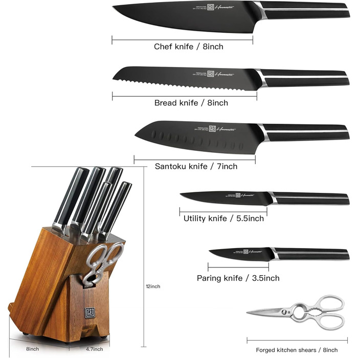 Набір ножів 14 предметів з бруском, кухонний набір ножів з дерев'яним бруском, ножі з німецької сталі X50CrMoV15 (кухонний ніж, сантоку, ніж для стейка, ніж для чищення, ножиці)