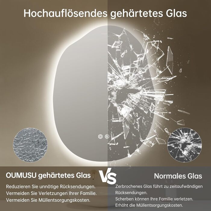 Дзеркало для ванної кімнати OUMUSU з підсвічуванням, арочне, без рами, 50x75 см. Антизапарник, сенсорне управління, регулювання яскравості, 3 кольори світла