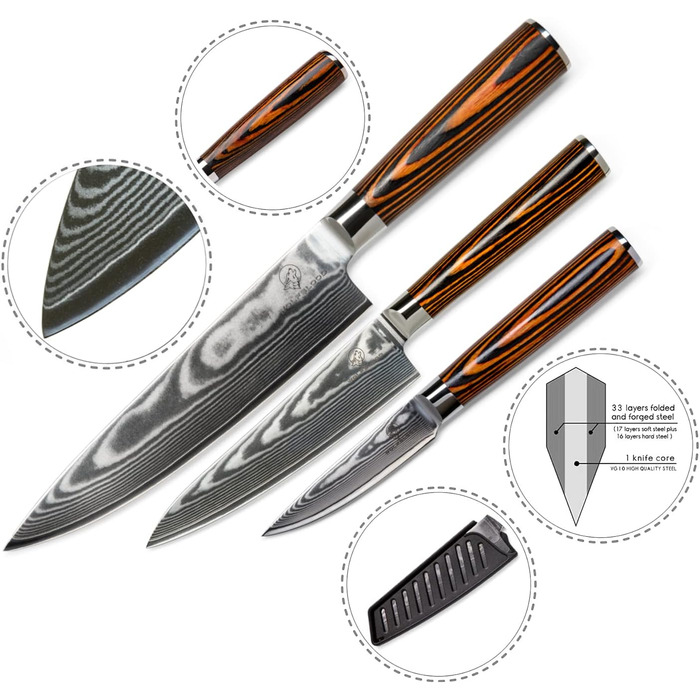 Набір кухонних ножів Wolfblood з дамаської сталі (32, 26, 20 см) - 67 шарів, 62 HRC, з захистом леза та подарунковою коробкою